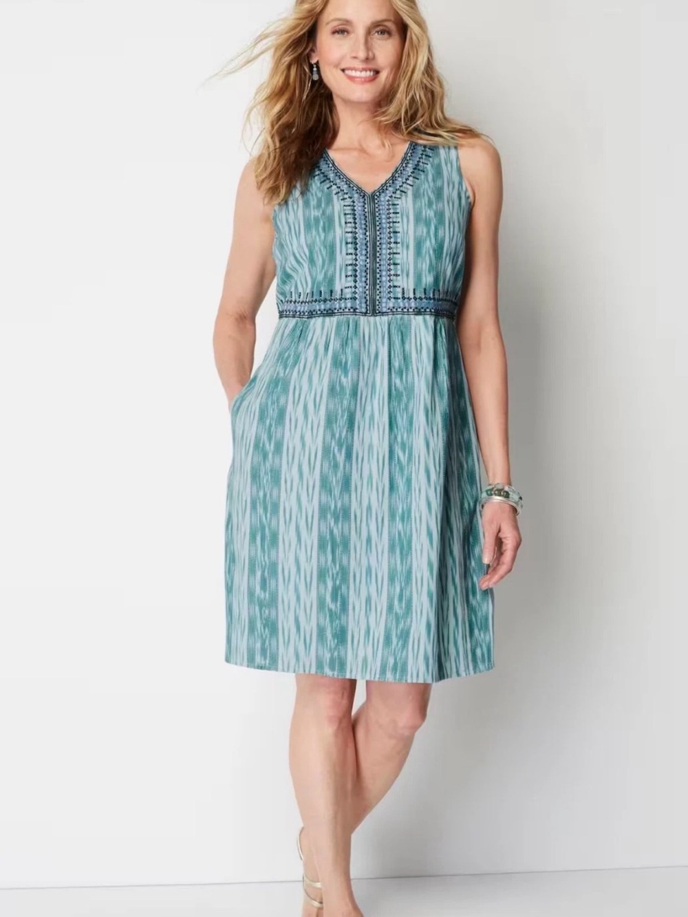 J. Jill NWT Embroidered Ikat Shift Dress Green Blue Size Medium Petite Beach